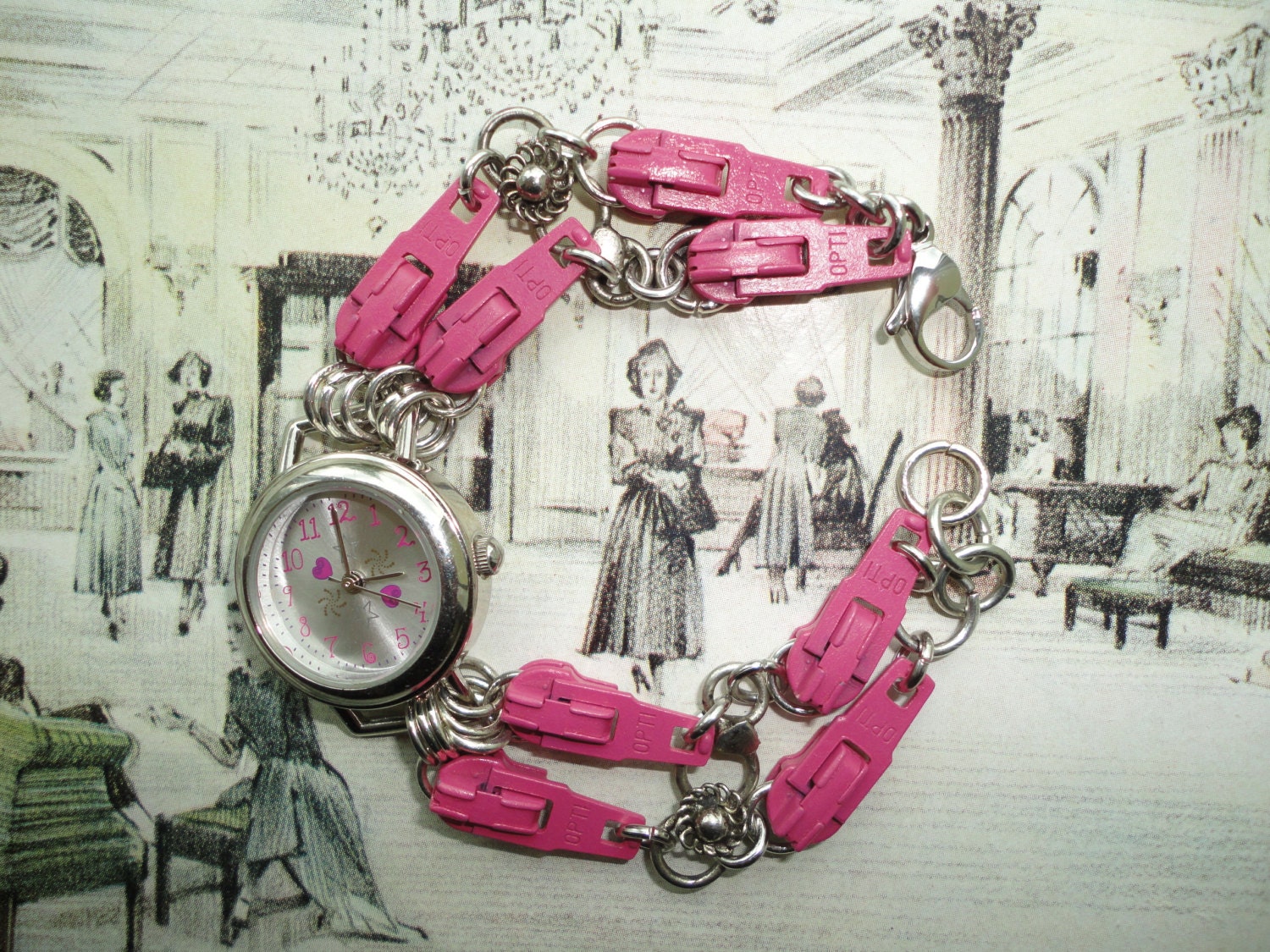 Handmade Recycled Watch and Pink Zips Bracelet, Eco Friendly, Wearable Art