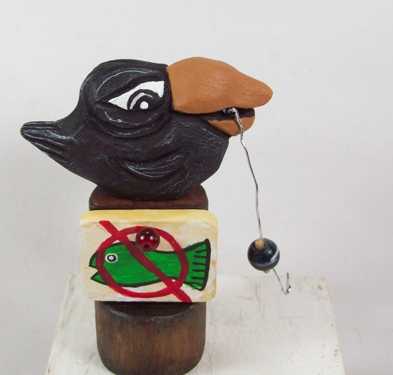 Folk Art Black Bird No Fishing Wood Carving Team Madcap Handmade Gift