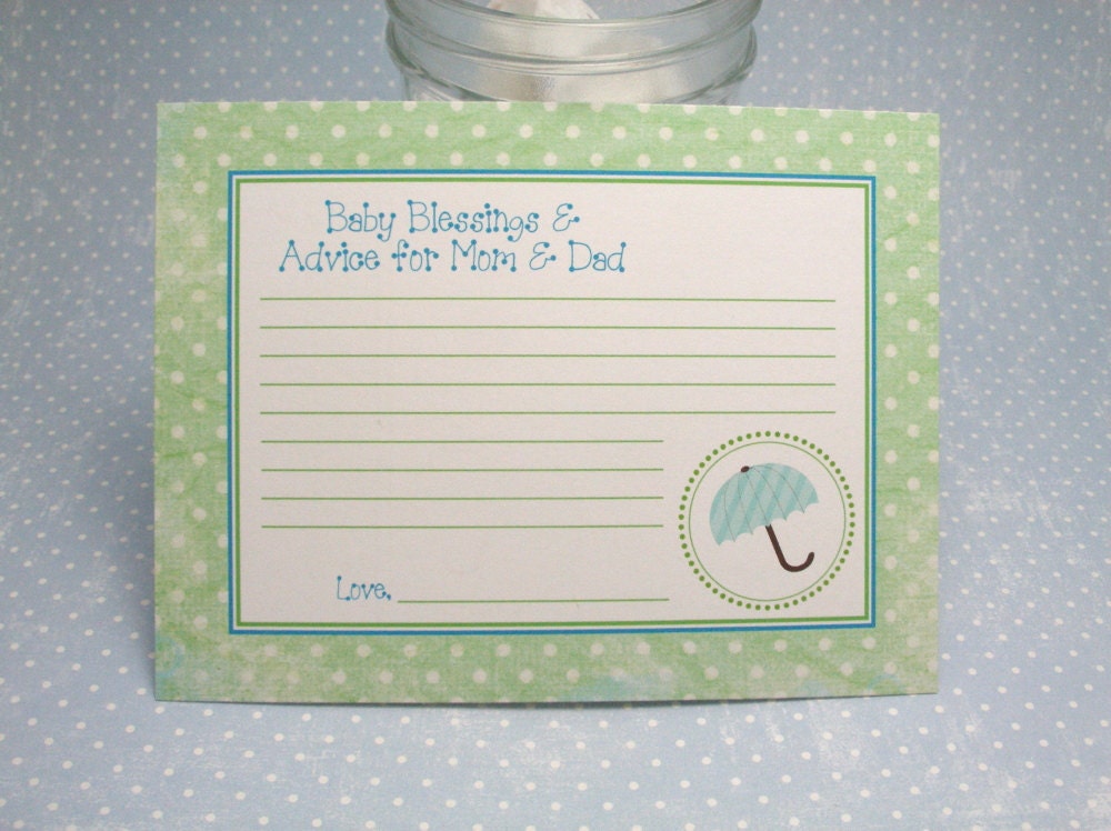 Turquoise blue & sage green UMBRELLA Baby Shower Advice cards  - Baby boy