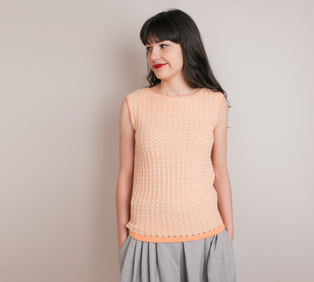 1960s Orange Tank Sweater - Vintage 60s Pastel Orange Knit Top - M