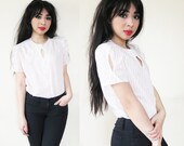 Cut Out Keyhole Blouse Striped Tan Beige White Short Sleeve Crew Neck Cotton Handmade S M L