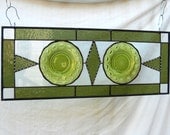 Stained Glass Panel with Vintage Avocado 1940s Manhattan Pattern Depression Glass Plate