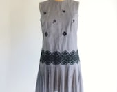 Vintage Grey Dropwaist Dress Pleated Skirt Lace Embroidery 1940s Dress S
