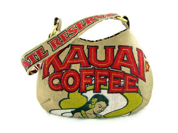 Boutique Burlap Hobo Handbag. Repurposed Kauai USA Coffee Bag. Handmade in Hawaii.
