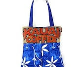 Burlap and Alfred Shaheen Pleated Hobo Handbag for Spring and Summer. Repurposed Kauai USA Coffee Bag. Handmade in Hawaii.