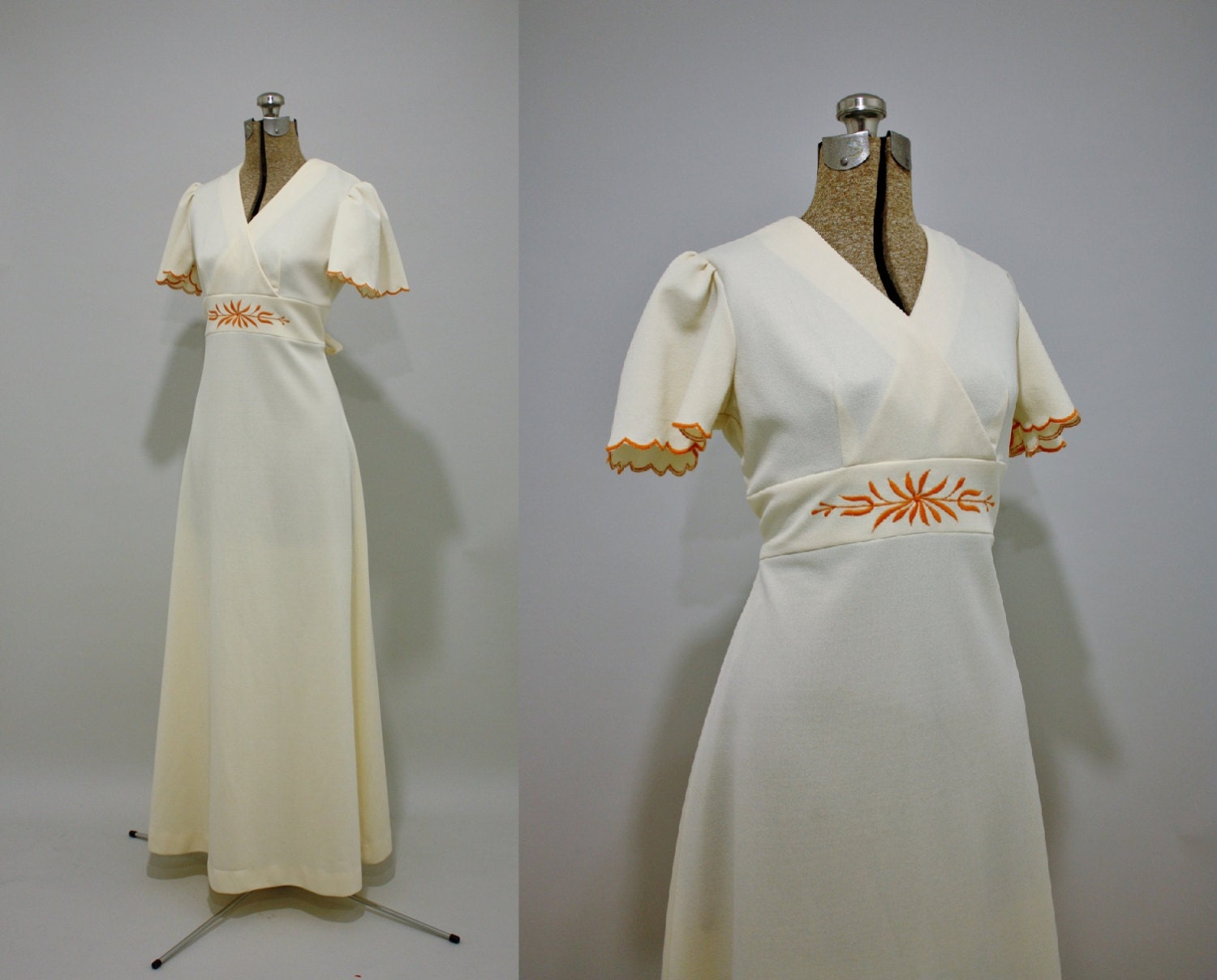 Weekend Sale - vintage 70s maxi dress - Pumpkin Spice cream orange embroidered tall empire waist wrap S/M