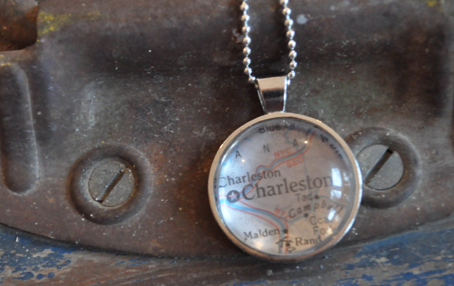 Map Pendant Necklace from Vintage Atlas CHARLESTON South Carolina