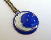 Half Crescent Moon Necklace Moon and Stars Necklace Hand Painted Brass Dome Necklace Blue White