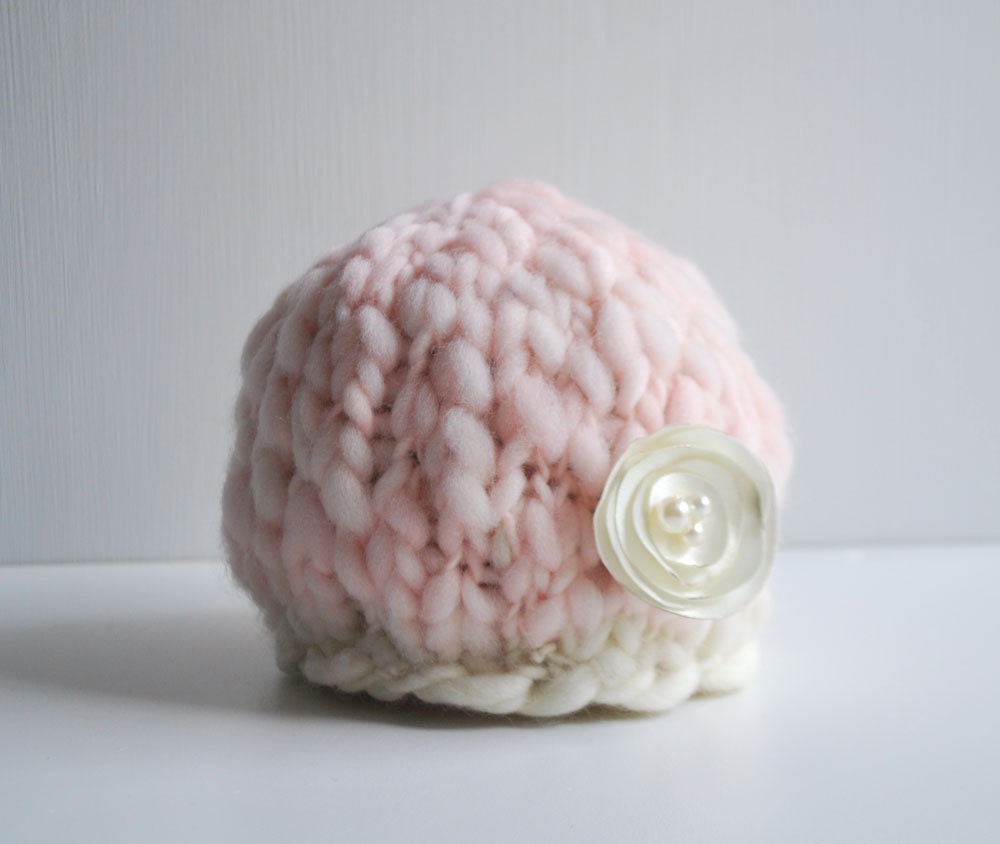 Handspun Newborn hat with satin flower - blush pink