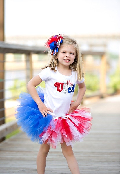 Miss USA 4th of July Sequin Applique White Fitted style Shirt or Onesie and Matching Over the Top Large Hair Bow with Ostrich Puff Center