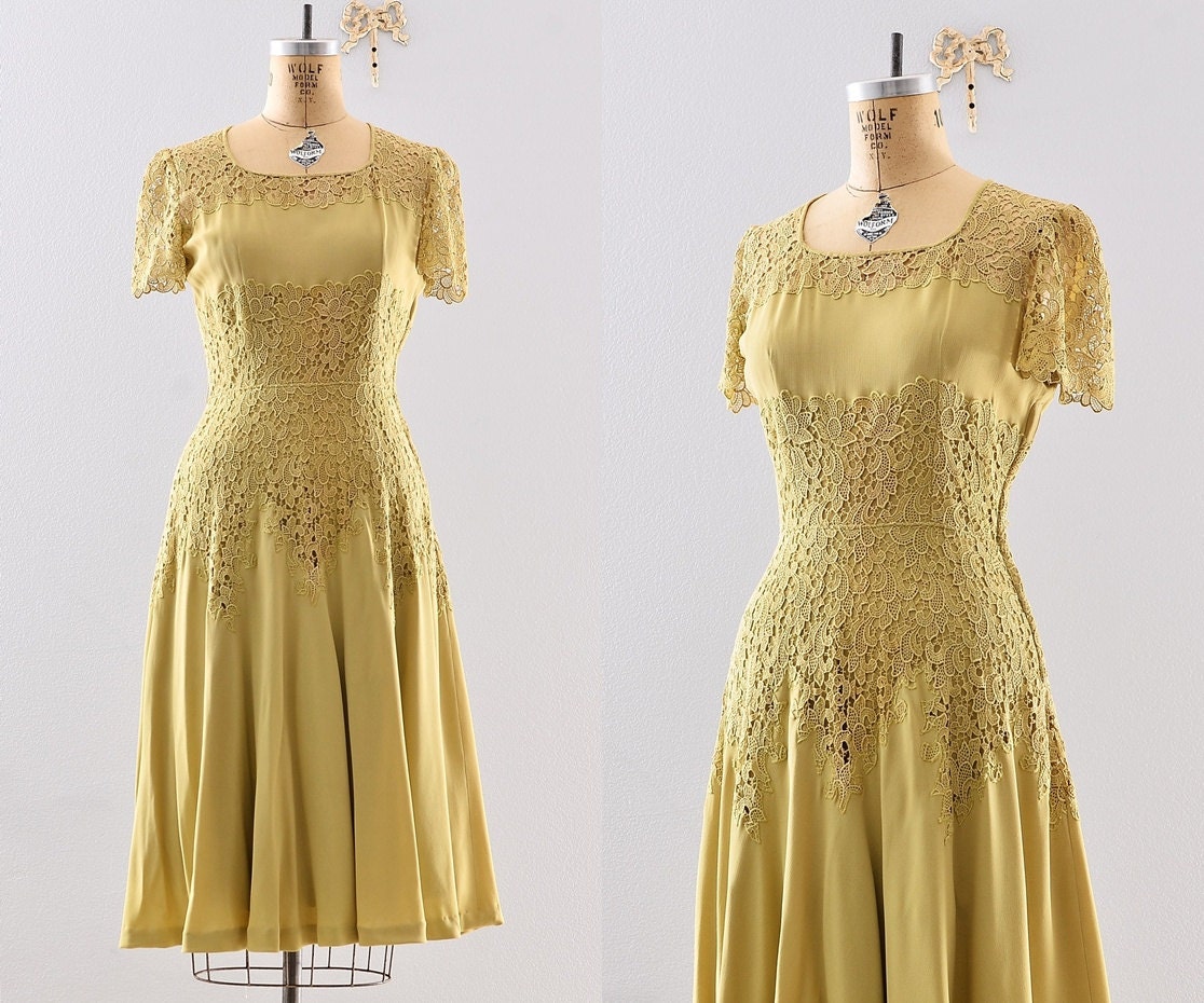 vintage 1940s dress - cutout lace dress  / 1940s crepe dress