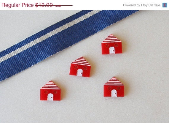 CLEARANCE SALE Red plastic handmade house buttons set of four