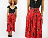 vintage 80s red SILK FLORAL midi full swing skirt size S M