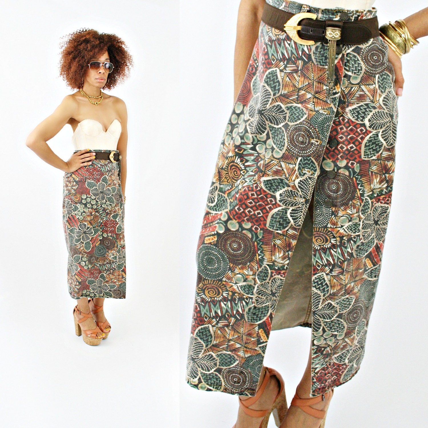 vintage 80s high waisted abstract SAFARI floral side split DENIM skirt size M/L