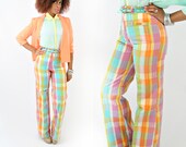 vintage 70s high waist PASTEL PLAID wide leg bellbottom jeans size xxs/xs