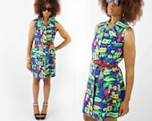 vintage 60s 70s PIXEL art floral MOD mini dress size M/L