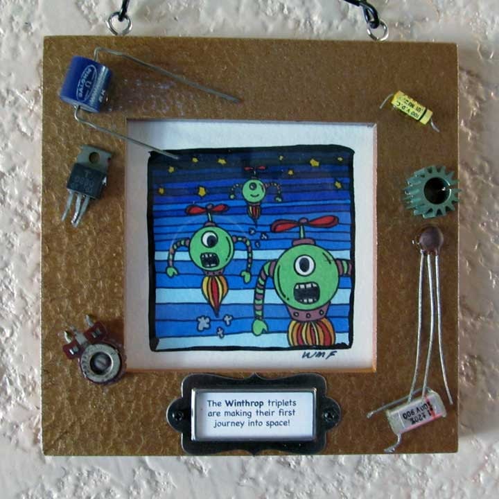 YOUR CUSTOM Tiny Robot made to order, 3.5"X3.5" Original Signed Drawing. Ink on Watercolor Paper with Custom Frame.