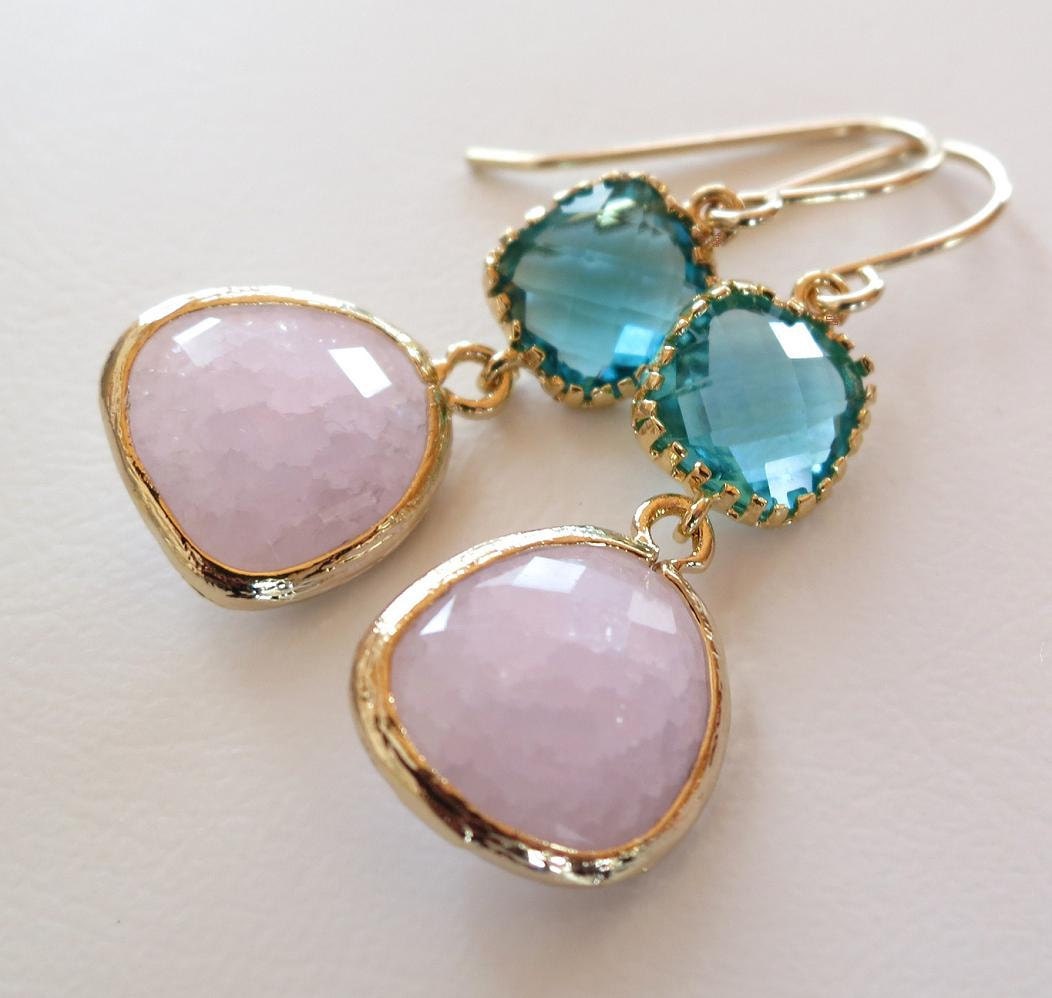 Pink Opal & Aqua Sea Green Gold dangle Earrings, Ocean Blue and Cracke Pink Opal Dreamy Fairytale Earrings, Double Drop bezel set Earrings