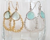 Chandelier Teardrop Hoop and Crystal Drop Earrings, Bold Boho-Chic Bohemian Hoop dangle Earrings, Modern Spring Jewelry, Seafoam Erinite