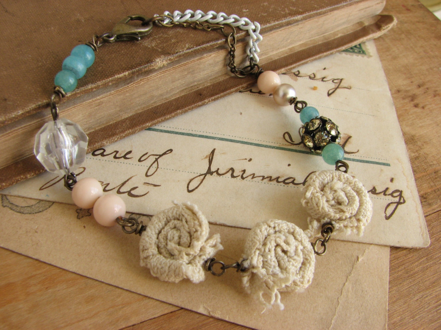Pastel Assemblage Bracelet -shabby chic lace rose bracelet-