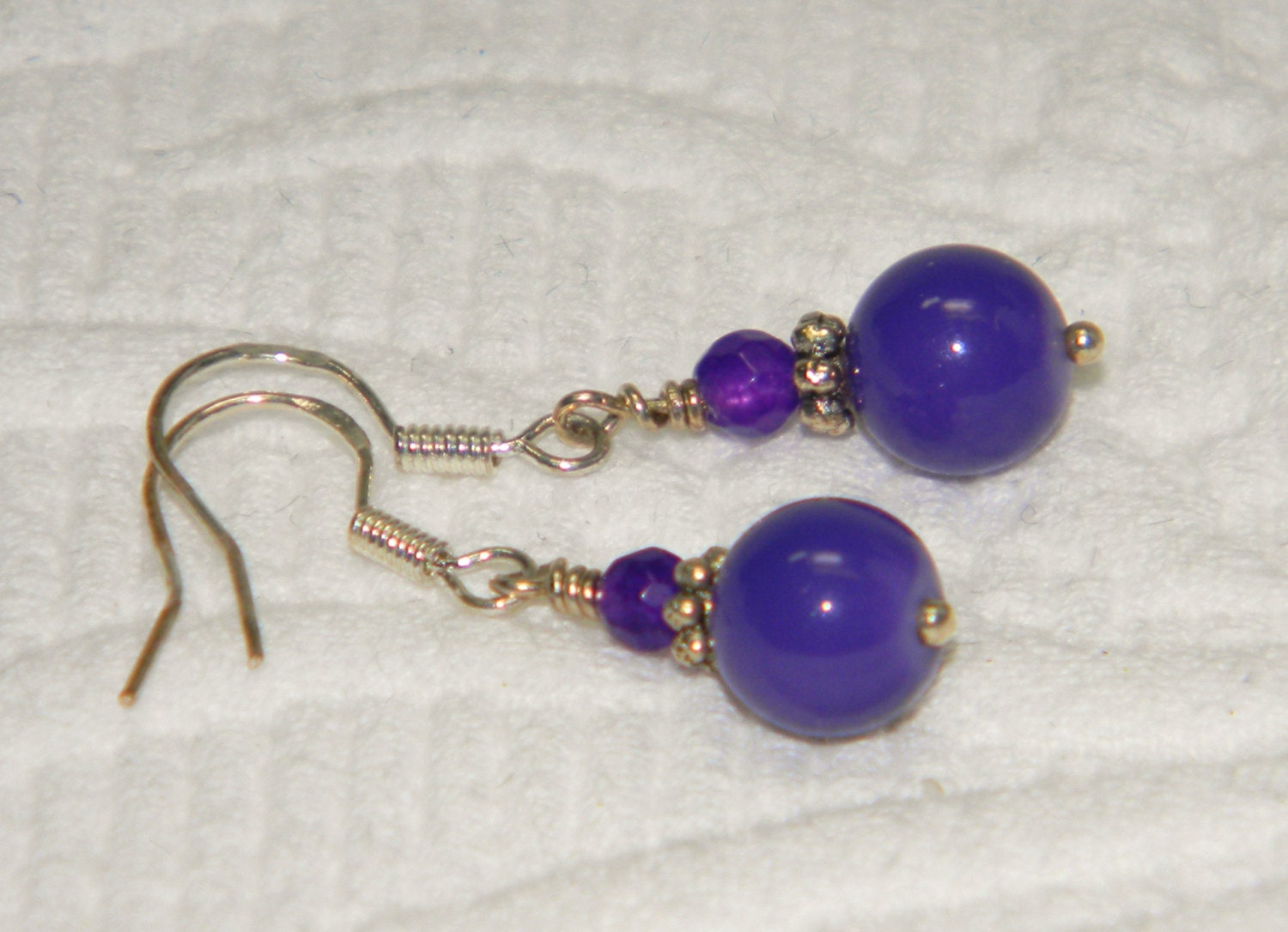 Dark Purple Facet Cut Jade, Glass and Sterling Silver Earrings