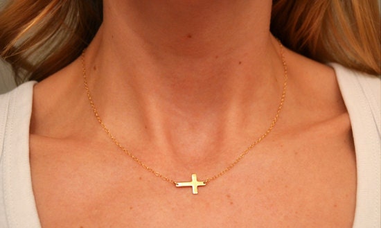 TINY Gold Filled Sideways Cross Necklace Celebrity Inspired, Guliana Rancic-