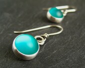 Turquoise Green Glass Cabochon Earrings, sterling silver earrings, metalwork jewelry, bezel set jewelry