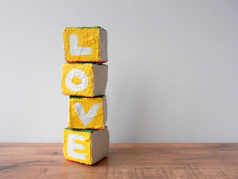 Stackable Love blocks /  art cubes / shelf decor / Wood and concrete art / four seasons art / made to order