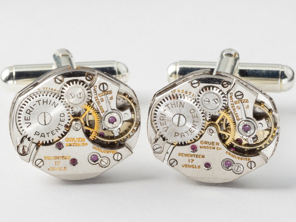 Steampunk cufflinks vintage Gruen watch movements gears wedding anniversary Gift silver cuff links men jewelry by Steampunk Nation 1947