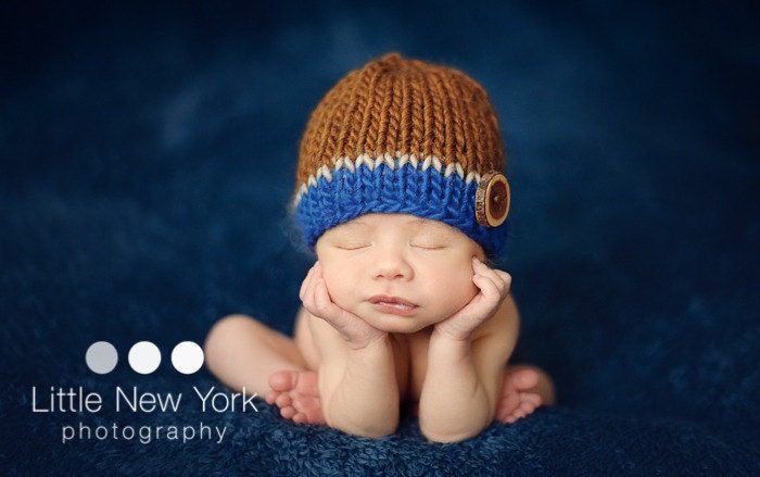 Newborn Boy Beanie Brown Blue - "Clayton",  Newborn Photo Prop, Baby Boy Beanie, Handmade Vintage Knit