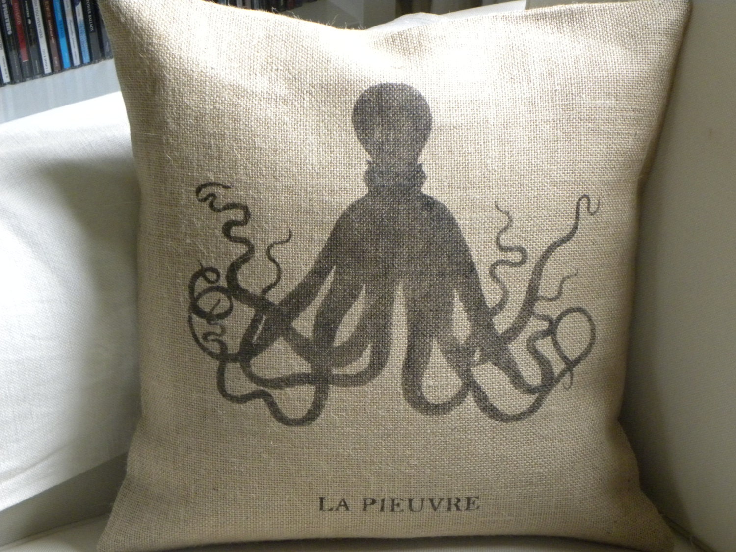 Burlap French Octopus La Pieuvre pillow cushion cover summer coast beach house