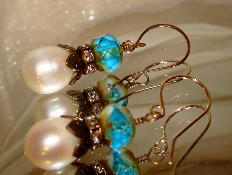 Mermaid pearls and picasso beads beach earrings pamelia designs