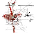 ballet and architectural detail drawing in red black and white