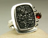 Titanium Druzy Ring, Sterling Silver, Chunky Stone, Natural Red Garnet Gemstone, made to order