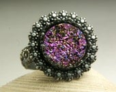 Purple Druzy Ring, Sterling Silver, Antiqued Silver, Crystal Stone, Handmade Jewelry, made to order