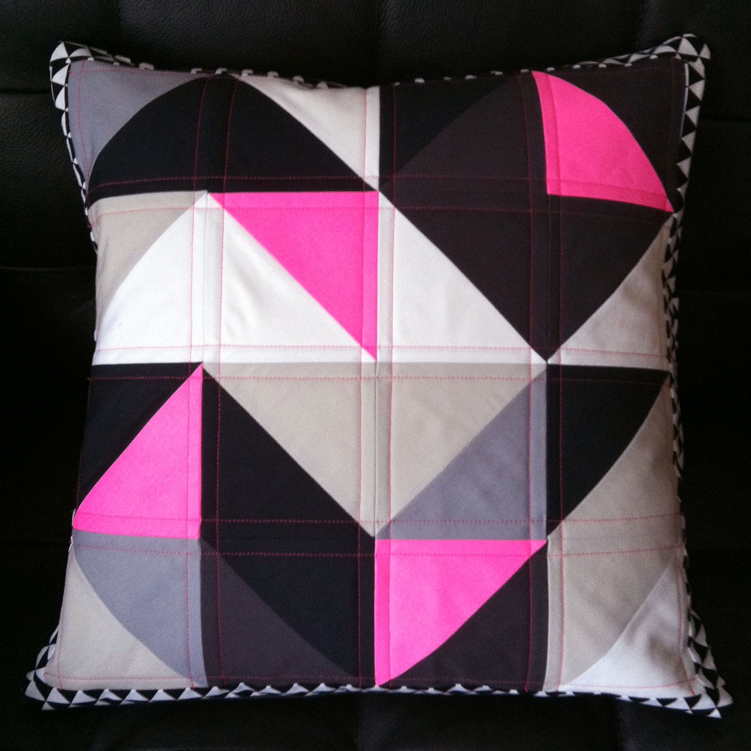 Modern Quilted Neon Pink, Black and Grey Geometric Pillowcase