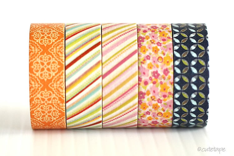 Washi Tape Set of 5 Orange Henna Stripe Floral Petal Chugoku