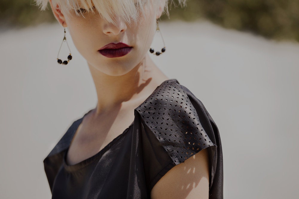 NEW BLACK SILK shirt with perforated leather