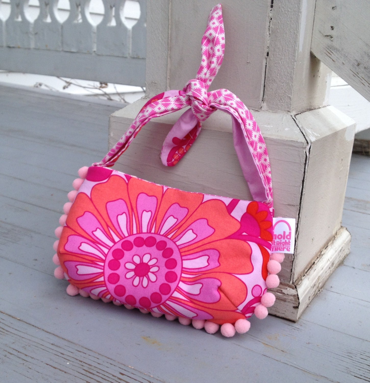ADELPHI GIRLS PURSE - in Jennifer Paganelli's Pink Madeline Sis Boom Print - Knotted Tie Strap - Pom Pom Fringe