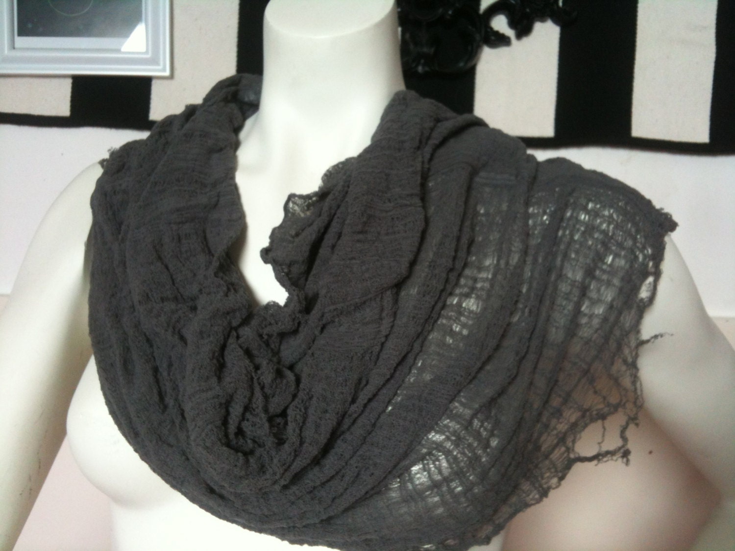 Grey shredded upcycle deconstructed infinity scarf