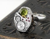 Steampunk Ring, Peridot & Vintage Waltham Watch Mechanism 925 Sterling Silver Band