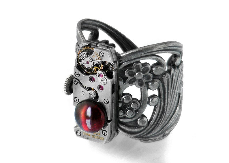 Steampunk Ring, Garnet & Vintage Gruen Watch Movement Filigree Ring / Silver Filigree Adjustable Ring