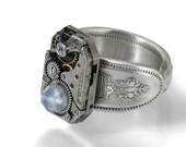 Steampunk Ring, Blue Chalcedony & Vintage Watch Movement, Spoon Ring Band - Ring Size 8.5