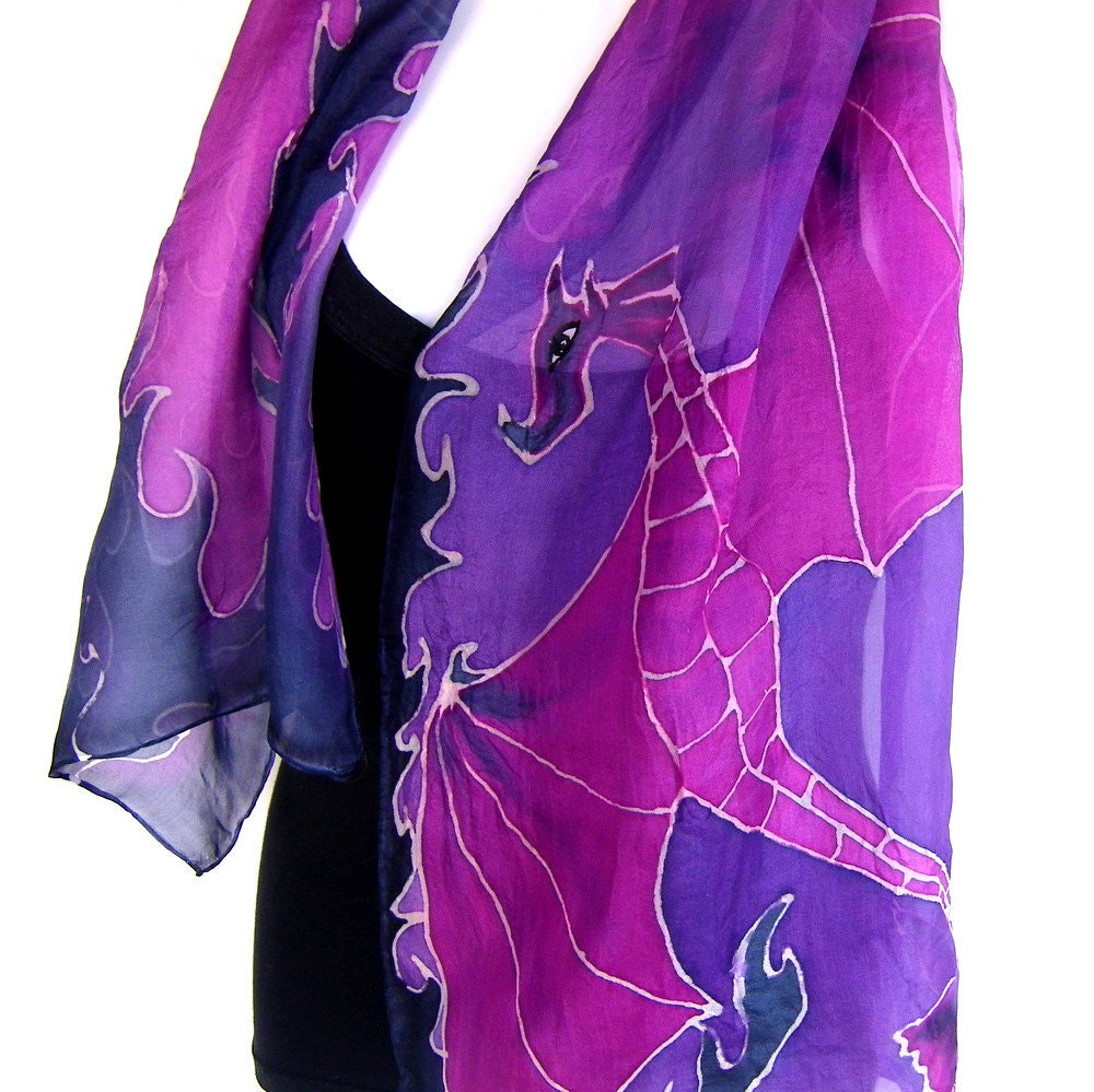 Silk Scarf, Hand Painted Silk Scarf, Lady Dragon In Flames, Purple Pink Black, Silk Scarflette, Gift Under 50