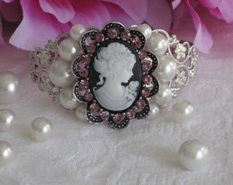 Cameo Bracelet, Lady Cameo, Silver Cuff Bracelet, Cameo Jewelry, Black and White Cameo, Cuff Bracelet, Victorian