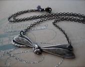SUMMER GARDEN - Summertime Dragonfly Necklace in Antiqued Silver with Purple Czech Glass Flower Dangle Garden Insect Wings Fly