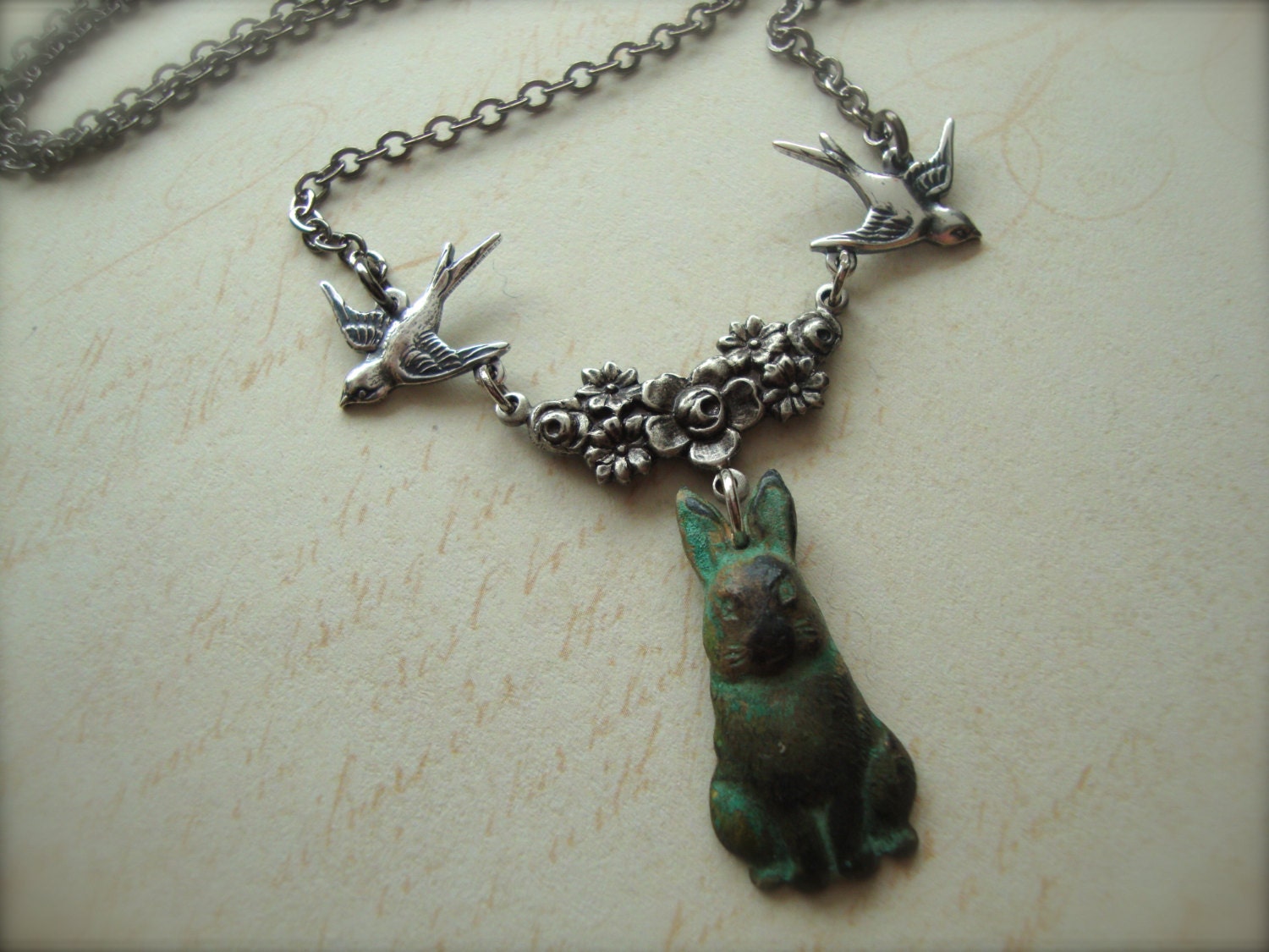 WOODLAND FOREST FRIENDS - Springtime Gardeners Necklace with Bunny Rabbit and Birds Floral Accents in Antiqued Silver and Gunmetal Garden
