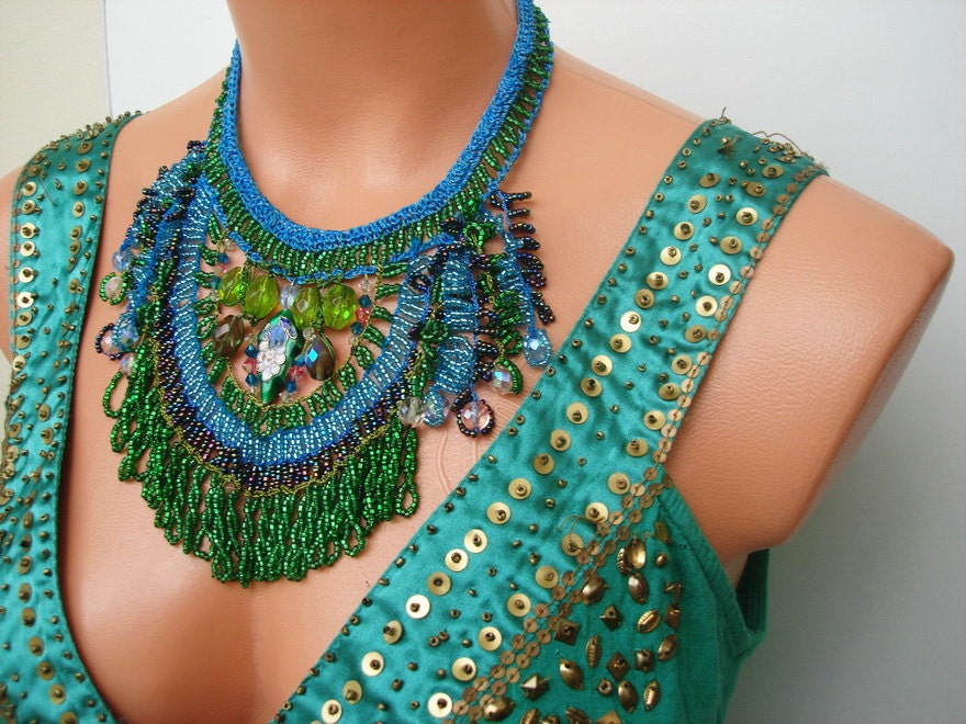 Handmade peacock statement bib necklace,emerald green,teal blue ,ooak fringe beaded necklace