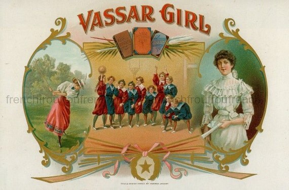 antique basketball women team vassar college cigar box label illustration