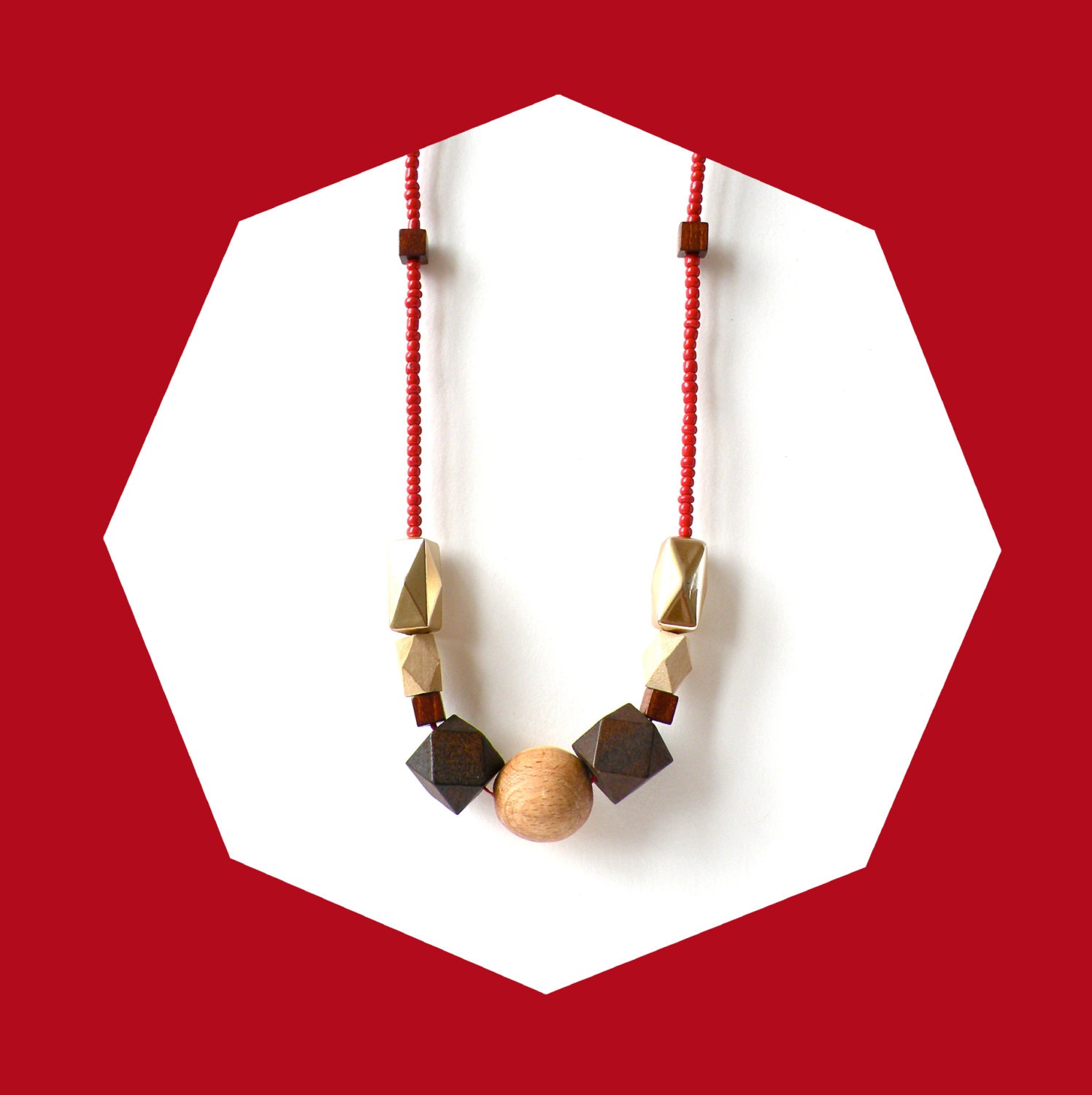 Red Beaded Pendant Necklace With Wood Round and Gold Hedron Beads / Geometric Statement Necklace